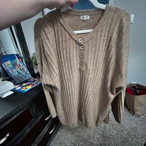 Free People Tan V-Neck Ribbed Sweater